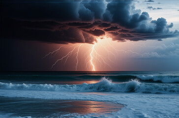 Poster - A powerful lightning bolt illuminates a turbulent ocean under dark storm clouds. Waves crash on the shore in this dramatic seascape scene.