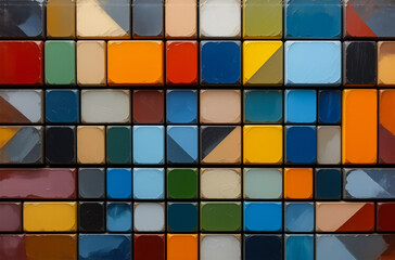 Aufkleber - A vibrant grid of painted squares and rectangles creates an abstract geometric pattern.  A diverse palette of blues, greens, reds, oranges, and browns in varying shades.