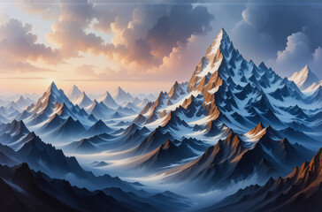 Aufkleber - A majestic mountain range stretches to the horizon, bathed in the warm glow of a sunrise or sunset. Clouds fill the sky, adding depth to the scenic vista.