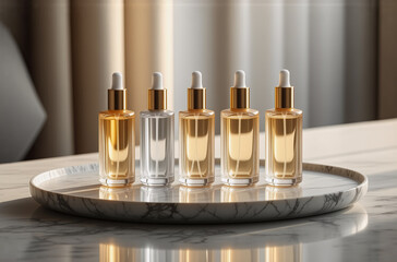 Poster - Elegant serum bottles with droppers, featuring golden and silver liquids, arranged on a marble tray. Soft, blurred background complements the luxurious cosmetic presentation.