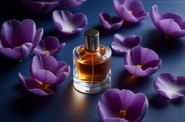 Poster - Elegant perfume bottle with golden liquid is centered amidst scattered delicate purple flowers on a dark blue backdrop.  Aromatic and floral scent is implied.