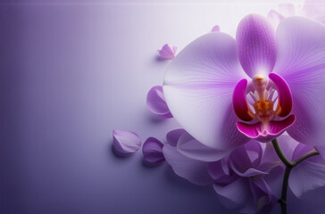 Aufkleber - Elegant purple orchid bloom in soft light. Delicate petals showcase natural beauty and calming grace. Floral close-up with a gentle, peaceful ambiance.