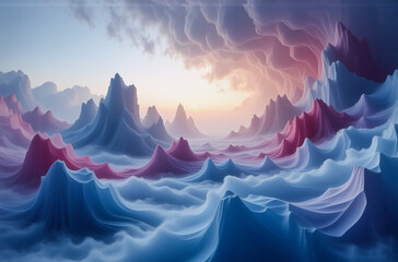 Aufkleber - Dreamlike pastel landscape features pointy mountains and wavy clouds. Soft pink and blue hues create a serene and ethereal atmosphere under a gentle light.