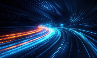 Poster - dynamic light trails in blue and orange colors creating a futuristic tunnel effect