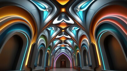 Poster - A vibrant, artistic corridor featuring colorful arches and illuminated patterns, creating a visually striking and immersive atmosphere.