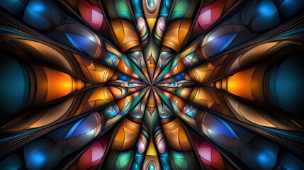Poster - A vibrant, abstract design featuring intricate patterns and a dynamic color palette of blue, orange, and green, evoking a sense of depth and motion.