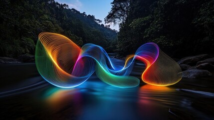 Poster - A vibrant, abstract light sculpture gracefully flows over a serene river, surrounded by lush greenery, creating a mesmerizing visual contrast.