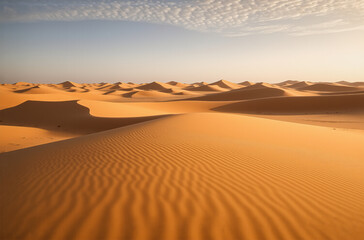 Poster - Golden desert dunes ripple under a clear sky.  Sunlight casts shadows across the sandy landscape, highlighting the wave-like formations.  Tranquil and vast, a warm toned arid scenery.