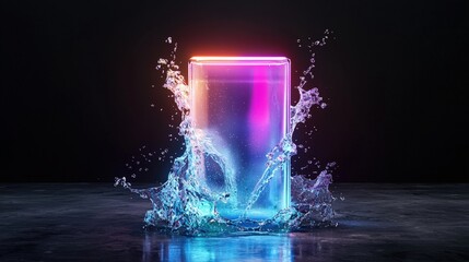 Poster - A modern glass with vibrant light effects, creating a dynamic splash of water against a dark background.