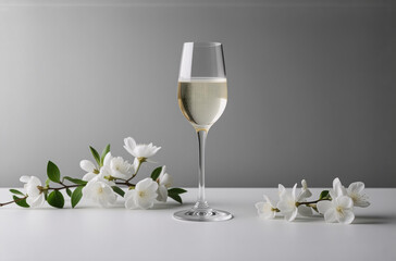 Poster - Elegant champagne flute holds a bubbly drink, paired with delicate white flowers. Simple, bright setting with a soft gray backdrop.