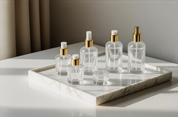 Poster - Transparent glass bottles with gold spray nozzles and caps are neatly arranged on a marble tray against a bright background with a curtain. Minimalist style.