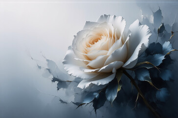 Poster - Pristine white rose unfurls delicate petals on a soft, dreamy backdrop. Subtle blue foliage accents this serene floral artwork.