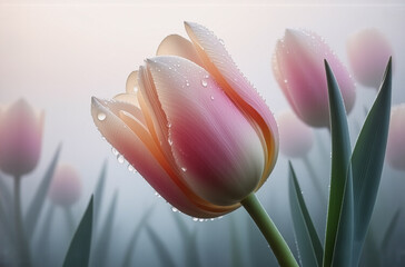 Poster - Pink and white tulips, adorned with water droplets, softly bloom in a hazy, gentle light, evoking a fresh, spring atmosphere.