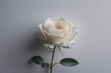 Aufkleber - Elegant white rose with soft petals and green leaves, presented against a minimalist white backdrop in a studio setting.