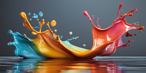 Poster - A vibrant splash of colorful paint creates dynamic waves on a reflective surface, capturing energy and creativity in motion.