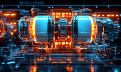 Poster - Futuristic glowing mechanical engine with intricate circuitry and vibrant lights