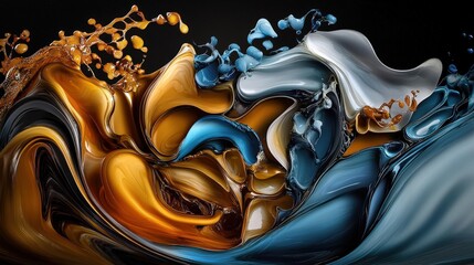 Poster - Abstract fluid art featuring swirling colors of orange, blue, and silver, creating an energetic and dynamic visual effect.