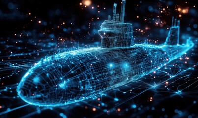 Poster - Futuristic submarine design in digital wireframe with glowing connections and data points