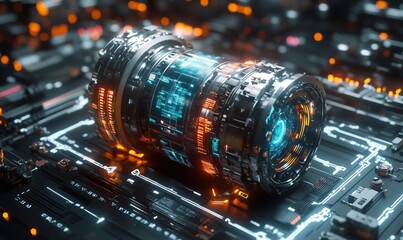 Poster - Futuristic technological device on circuit board with glowing elements and intricate design