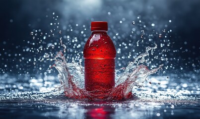 Poster - Red sports drink bottle splashing in water with droplets and dramatic lighting effects