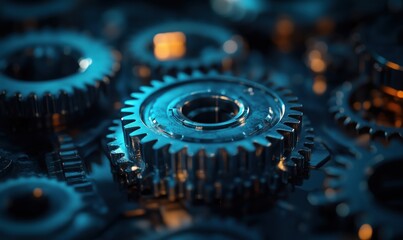 Poster - Intricate close-up of metallic gears with blue and orange lighting effects