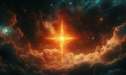 Poster - Stunning cosmic starburst illuminating dark nebula and starry sky