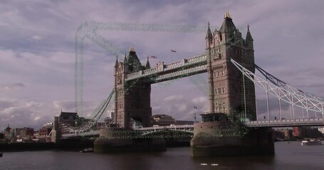 Poster - Tower Bridge with geometric animation overlaying its structure against cloudy sky