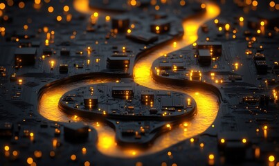 Poster - Futuristic cityscape with glowing river and circuit board design at night