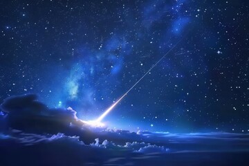 Wall Mural - a brilliant meteor streaking across a starry sky above serene clouds at night