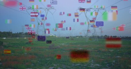 Poster - In grassy landscape, animation of flags overlaying power lines of countries