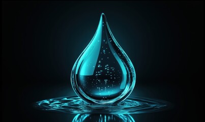 Poster - Glowing water droplet with bubbles reflecting light in dark background