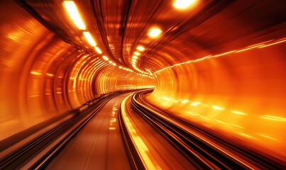 Poster - Dynamic motion through illuminated tunnel with vibrant orange hues and curved tracks