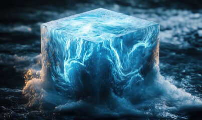 Poster - glowing cube of water with swirling waves and ethereal light effects