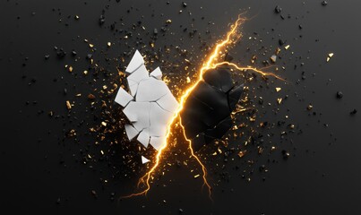 Poster - Cracked Black and White Surface with Explosive Lightning Effect