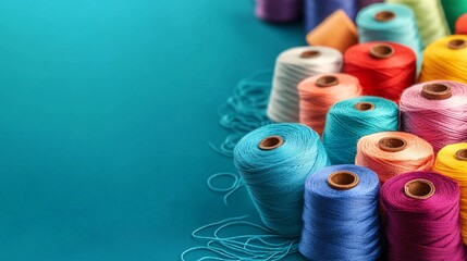Poster - Colorful thread spools lying on turquoise background