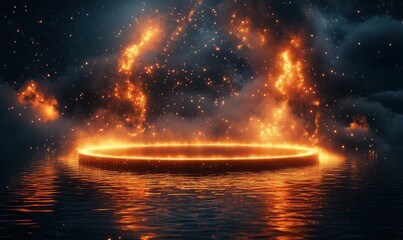 Poster - Glowing Circular Portal Surrounded by Fiery Sparks and Reflections on Water Surface