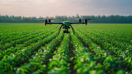 Poster - an ai powered agricultural drone analyzing crop health in a smart farm, expansive farm field with re