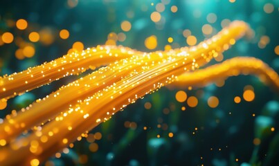 Poster - glowing orange strands with sparkling particles in a dreamy underwater scene