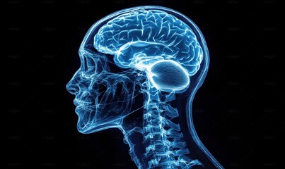 Poster - 3D X-ray illustration of human brain and skull anatomy with detailed neural pathways