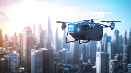 Poster - an ai powered autonomous cargo drone delivering goods in a futuristic cityscape, sleek drone in flig
