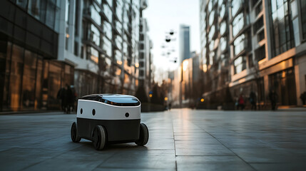 Poster - An AI powered autonomous delivery robot transporting packages in a futuristic smart city, clean urban streets with drone-assisted logistics, Smart logistics style