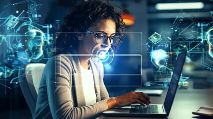 Poster - Smart Innovation: An intellectual individual, immersed in digital information, interacts seamlessly with the technology of innovation, symbolizing a futuristic approach to business and technology.
