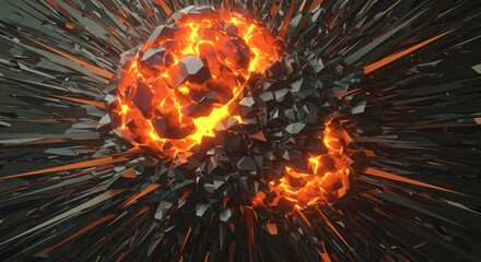 Wall Mural - glowing sphere exploding with angular fragments and bright orange light
