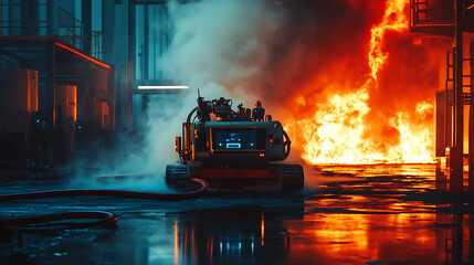 Poster - an ai powered autonomous firefighting robot controlling a blaze in an industrial facility, fire and 