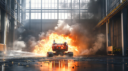 Poster - an ai powered autonomous firefighting robot controlling a blaze in an industrial facility, fire and 