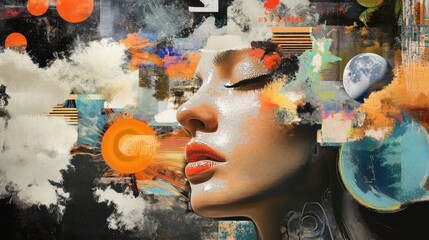 Poster - Art collage with the concept of thought process, ingenuity and new creative ideas. Generative AI.