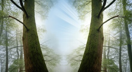 Wall Mural - abstract view of two entwined trees framing bright, misty forest path