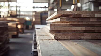 Poster - Stack of cut wooden planks in carpentry workshop