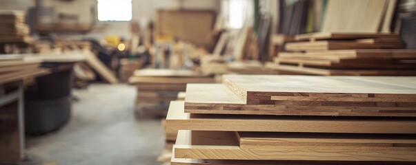 Poster - Stack of wood planks in a busy carpentry workshop