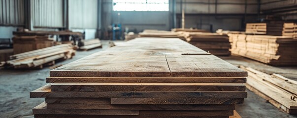 Poster - Stack of wood planks drying in carpentry workshop
